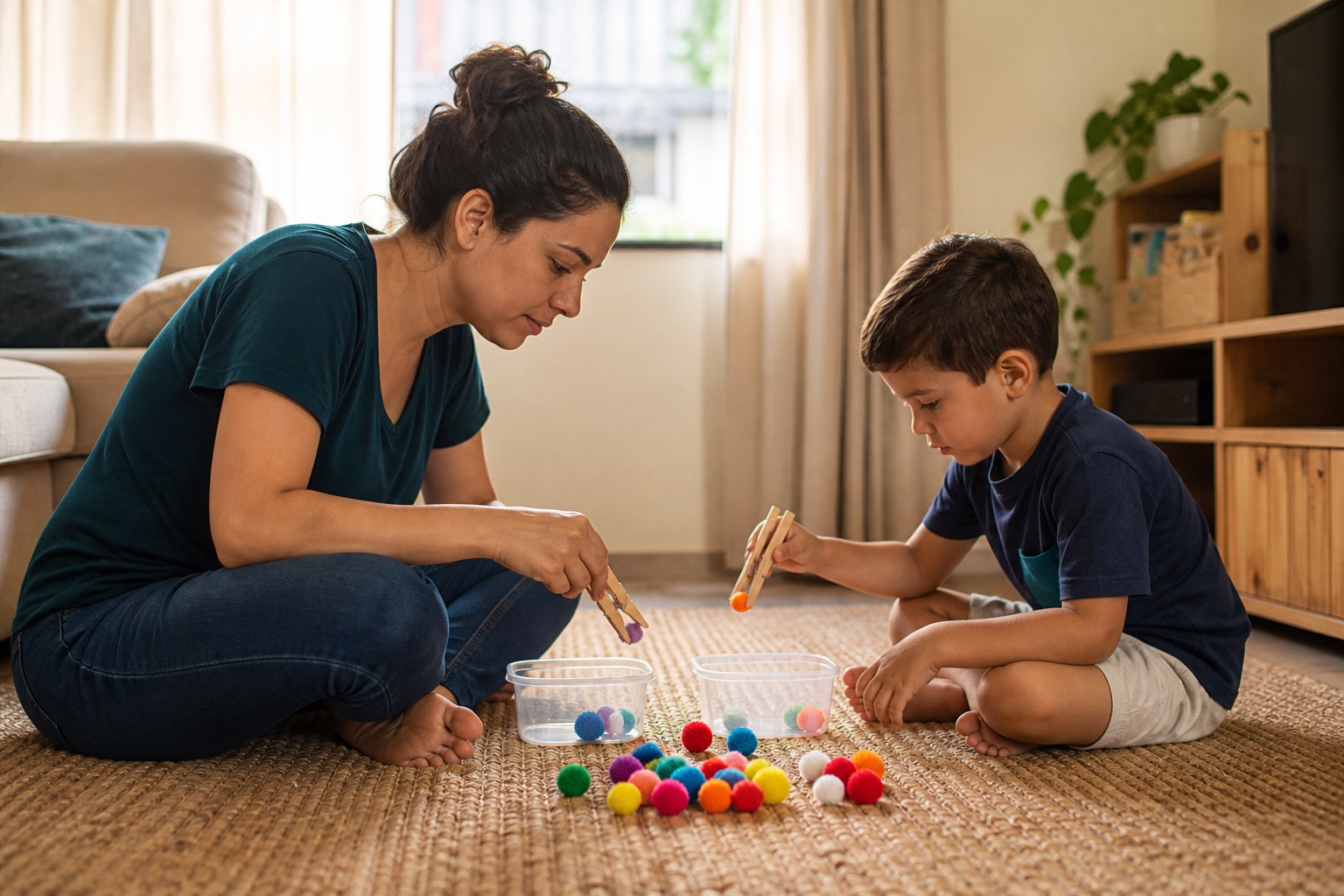 Mãe e filho brincando juntos com atividade de prendedores na sala de casa